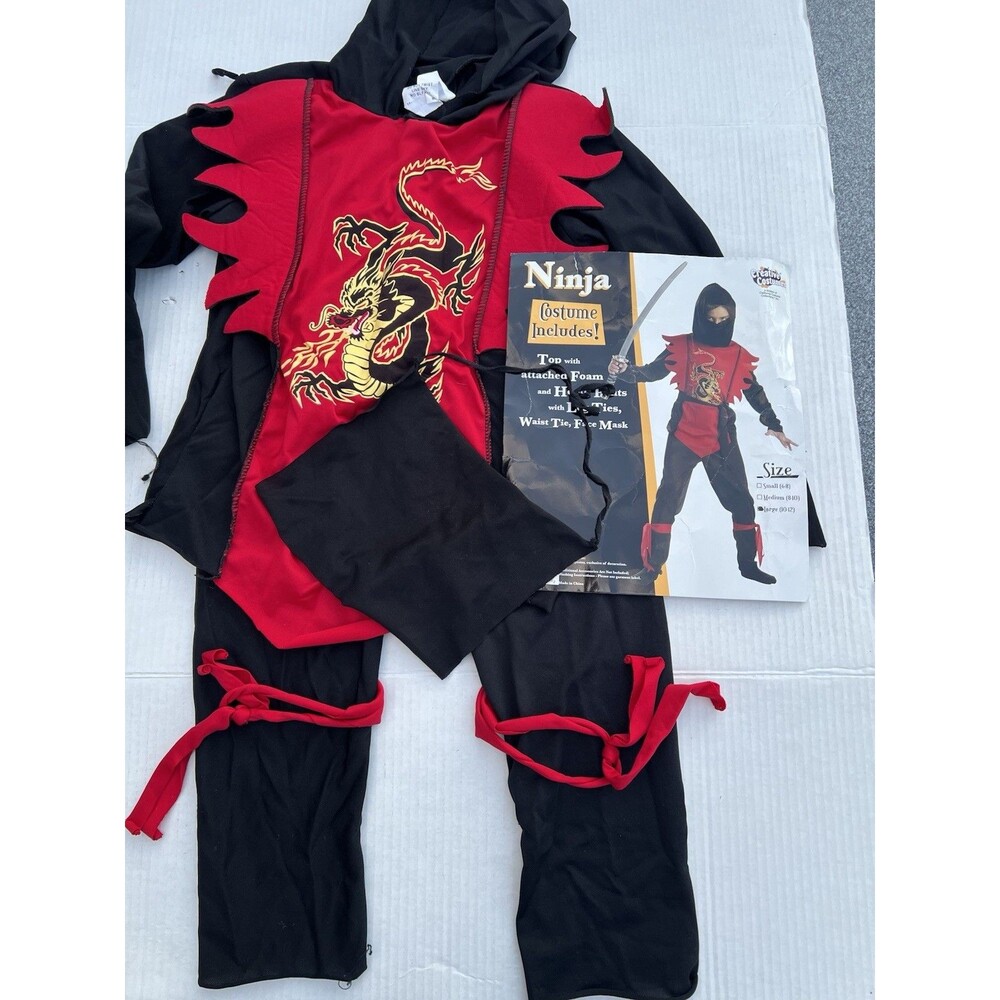 Kids Ninja Costume Large 10-12 Red Black Dragon Halloween Outfit